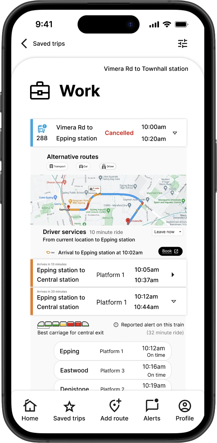 Saved trips screen showing a cancelled service and alternative routes