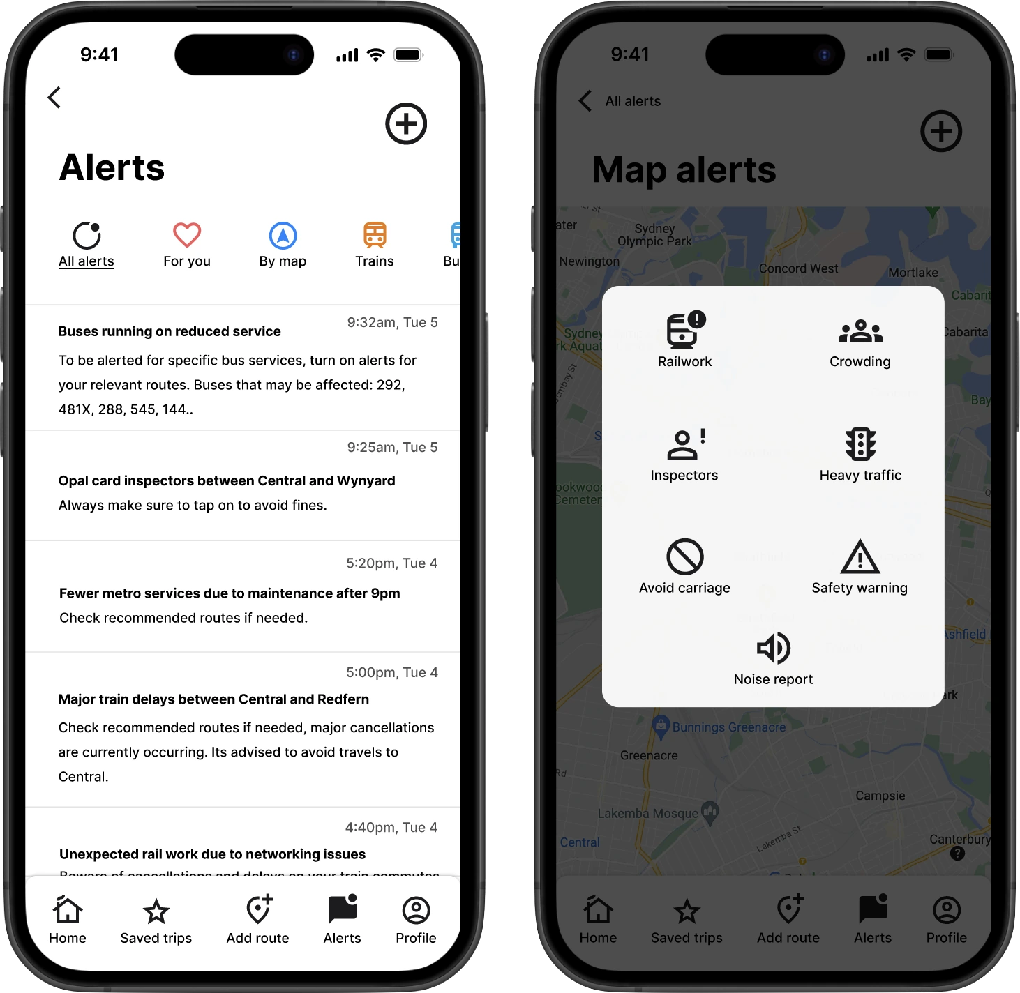 Alerts list and map alerts screens