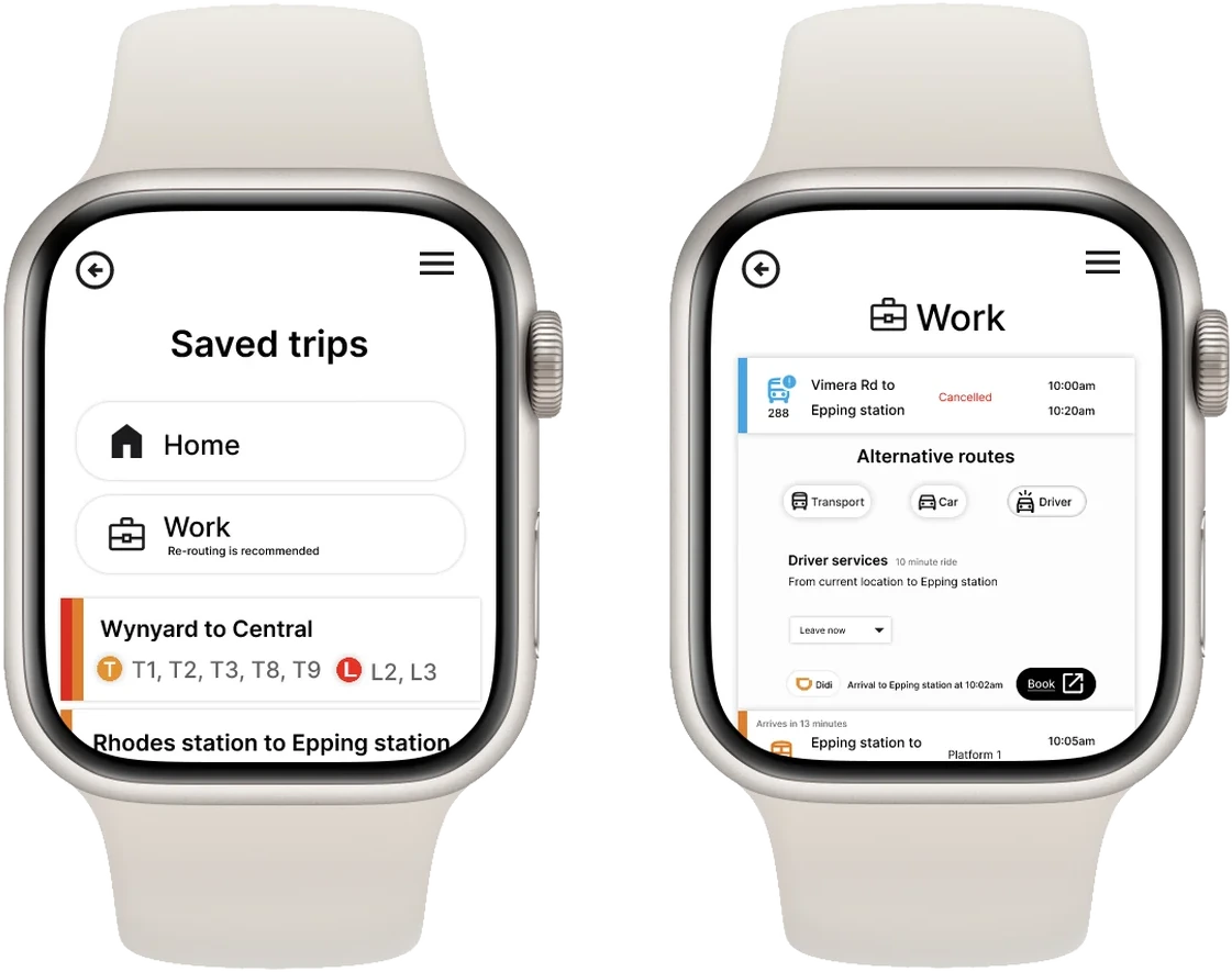 Apple Watch screens: saved trips, and a cancelled service with alternative routes